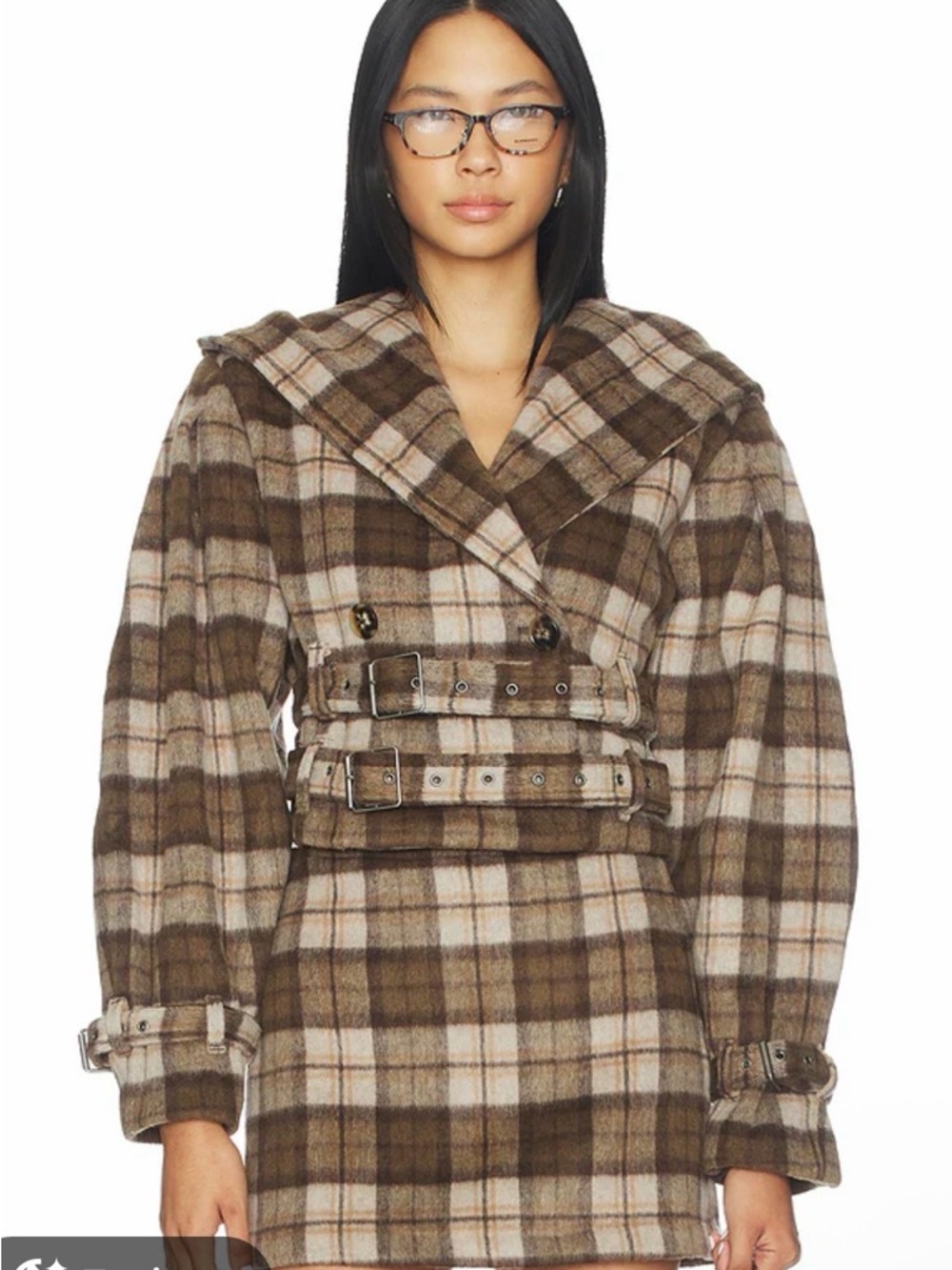 AFRM Brown Plaid Double-Belt Trench Coat